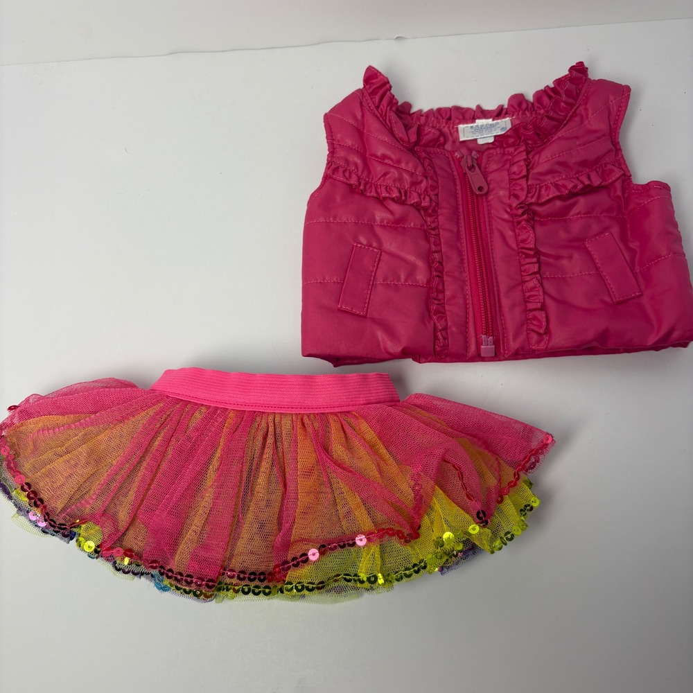 Build-A-Bear Workshop Hot Pink Puffer Vest and Rainbow Sequin Tutu Skirt Set
